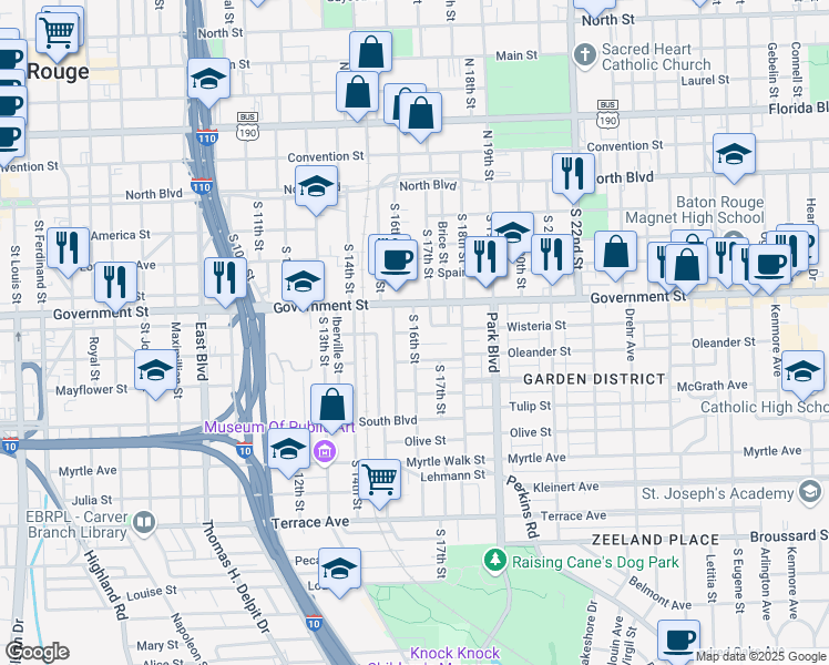 map of restaurants, bars, coffee shops, grocery stores, and more near 1598 Wisteria Street in Baton Rouge