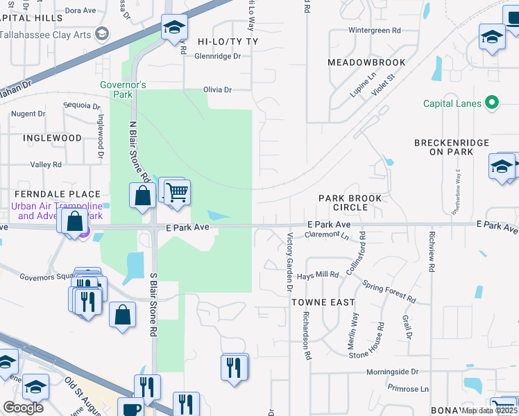 map of restaurants, bars, coffee shops, grocery stores, and more near 2051 Victory Garden Lane in Tallahassee