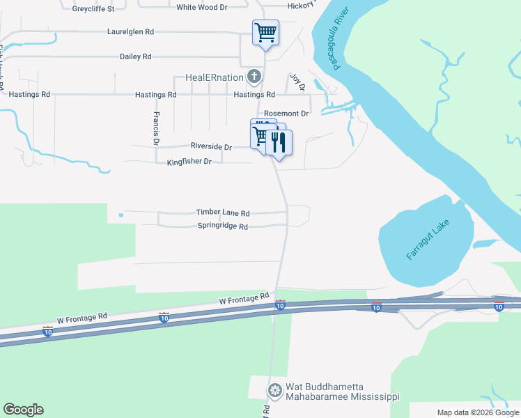 map of restaurants, bars, coffee shops, grocery stores, and more near 1409 Timber Lane Road in Gautier