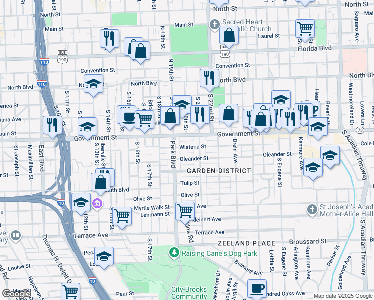 map of restaurants, bars, coffee shops, grocery stores, and more near 1956 Wisteria Street in Baton Rouge
