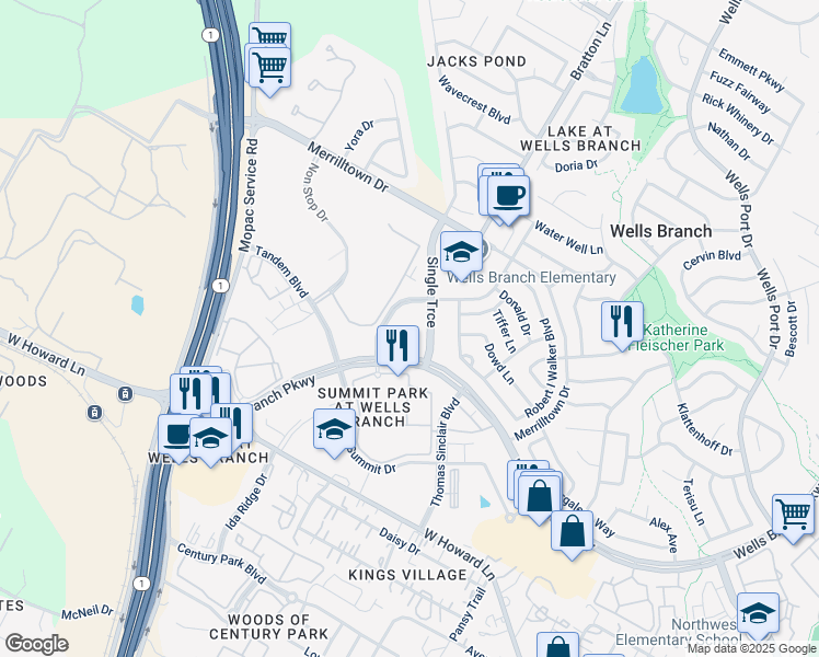 map of restaurants, bars, coffee shops, grocery stores, and more near 2800 Wells Branch Parkway in Austin