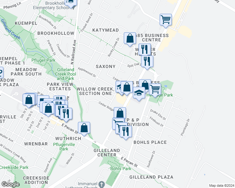 map of restaurants, bars, coffee shops, grocery stores, and more near 801 Valley View Drive in Pflugerville