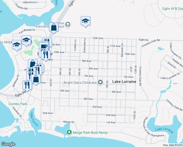 map of restaurants, bars, coffee shops, grocery stores, and more near 73 7th Ave in Shalimar