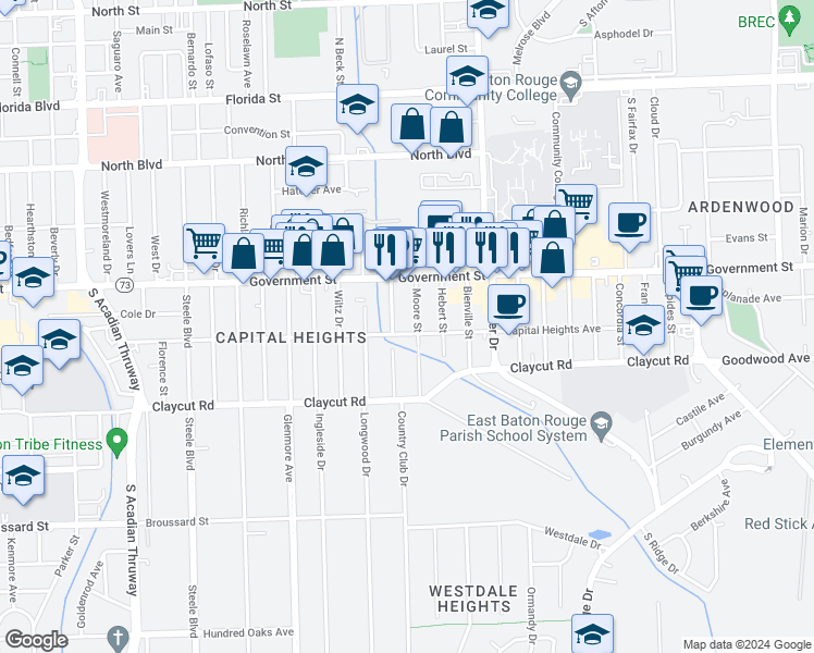 map of restaurants, bars, coffee shops, grocery stores, and more near 4665 Capital Heights Avenue in Baton Rouge