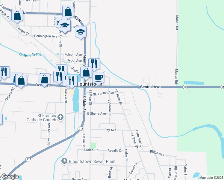 map of restaurants, bars, coffee shops, grocery stores, and more near 20859 Central Avenue East in Blountstown