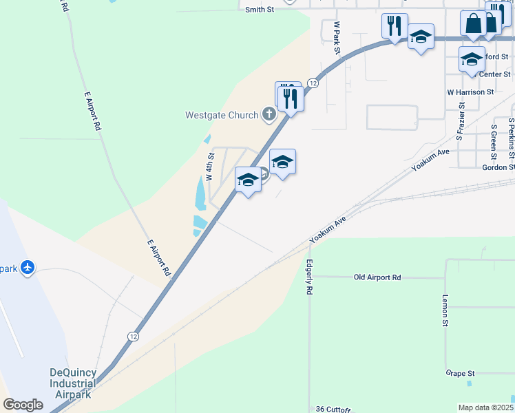 map of restaurants, bars, coffee shops, grocery stores, and more near 1605 West 4th Street in DeQuincy