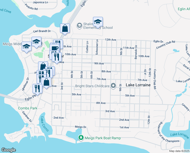 map of restaurants, bars, coffee shops, grocery stores, and more near 61 7th Avenue in Shalimar