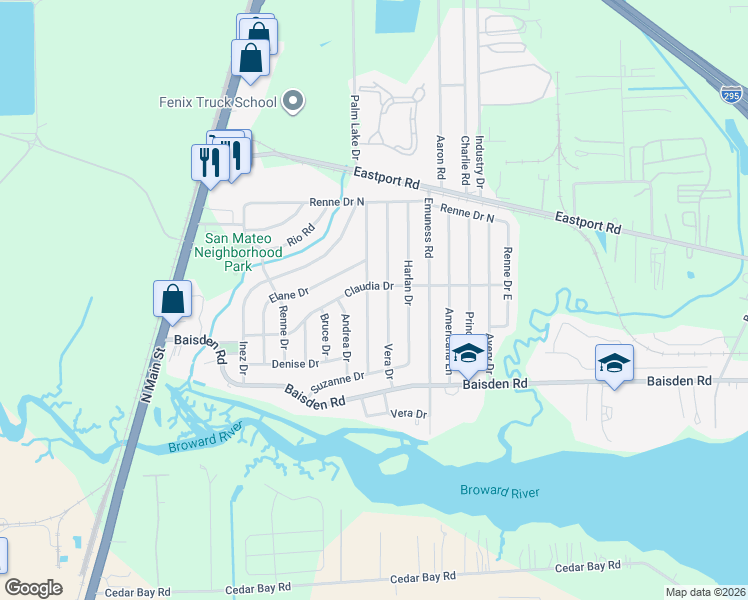 map of restaurants, bars, coffee shops, grocery stores, and more near 11317 Vera Drive in Jacksonville