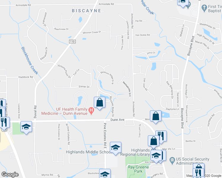 map of restaurants, bars, coffee shops, grocery stores, and more near 11357 Blossom Ridge Drive in Jacksonville