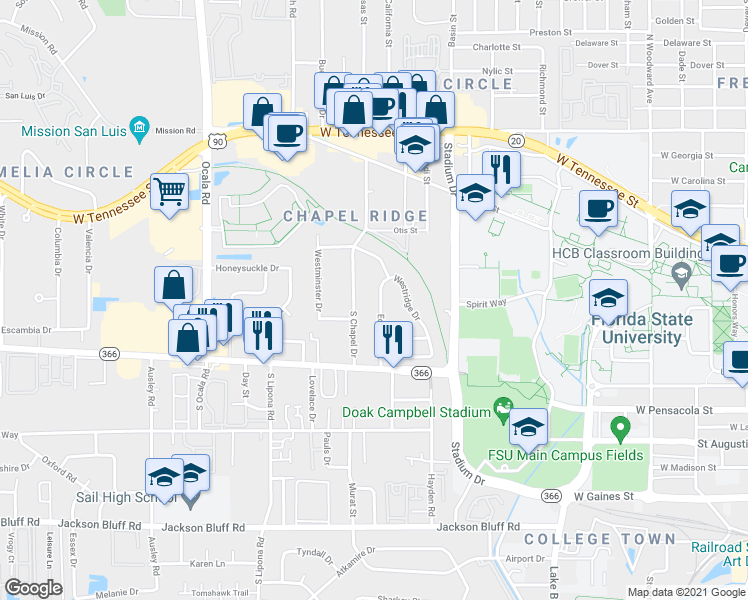 map of restaurants, bars, coffee shops, grocery stores, and more near 117 Chapel Drive in Tallahassee