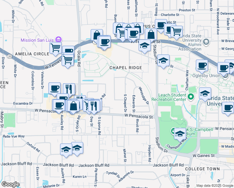 map of restaurants, bars, coffee shops, grocery stores, and more near 1836 Westminster Drive in Tallahassee