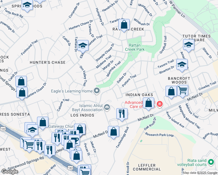 map of restaurants, bars, coffee shops, grocery stores, and more near 7516 Dallas Drive in Austin