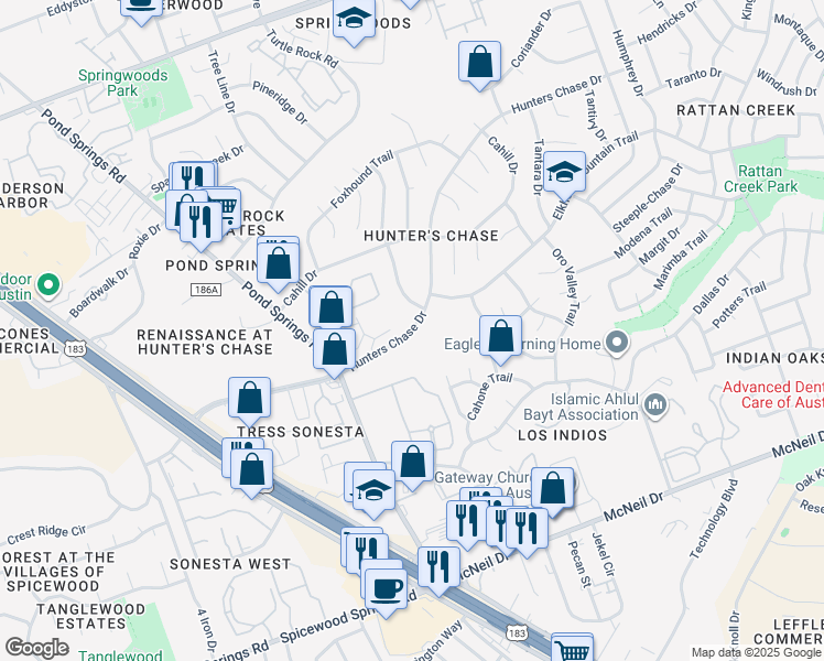 map of restaurants, bars, coffee shops, grocery stores, and more near 12343 Hunters Chase Drive in Austin