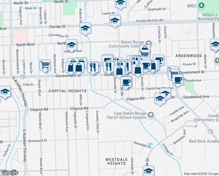 map of restaurants, bars, coffee shops, grocery stores, and more near 708 Bienville Street in Baton Rouge