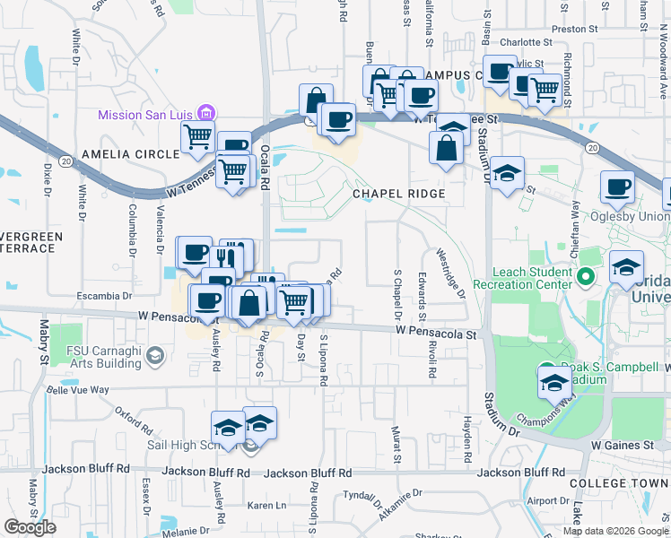 map of restaurants, bars, coffee shops, grocery stores, and more near 211 North Lipona Road in Tallahassee