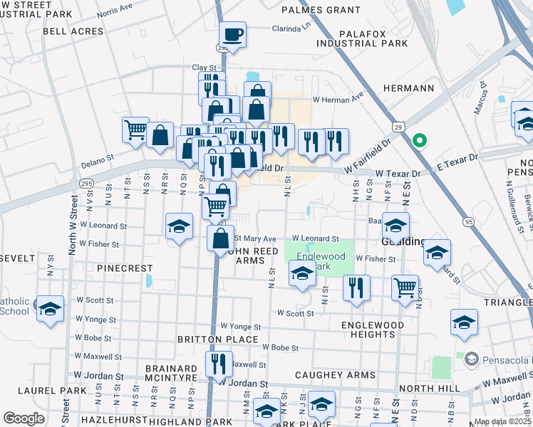 map of restaurants, bars, coffee shops, grocery stores, and more near 1800 Saint Mary Avenue in Pensacola