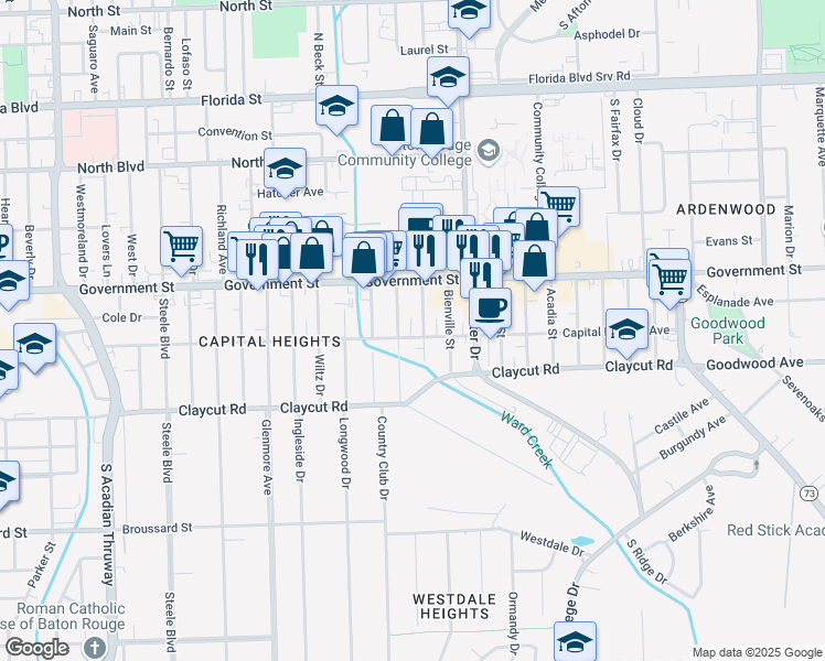 map of restaurants, bars, coffee shops, grocery stores, and more near 664 Moore Street in Baton Rouge