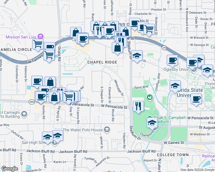 map of restaurants, bars, coffee shops, grocery stores, and more near 117 Chapel Drive in Tallahassee