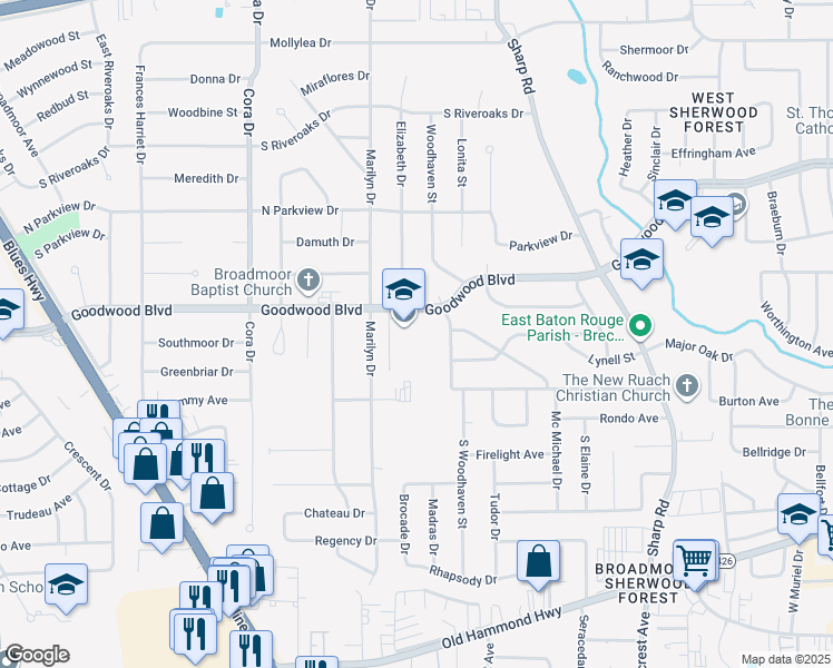 map of restaurants, bars, coffee shops, grocery stores, and more near 10100 Goodwood Boulevard in Baton Rouge