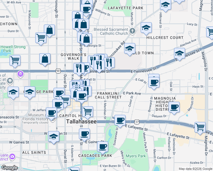 map of restaurants, bars, coffee shops, grocery stores, and more near 418 East Park Avenue in Tallahassee