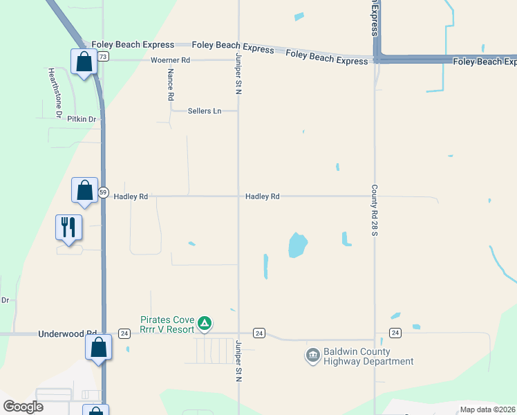 map of restaurants, bars, coffee shops, grocery stores, and more near 20538 Hadley Road in Foley