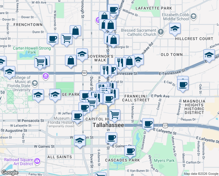 map of restaurants, bars, coffee shops, grocery stores, and more near 121 North Monroe Street in Tallahassee