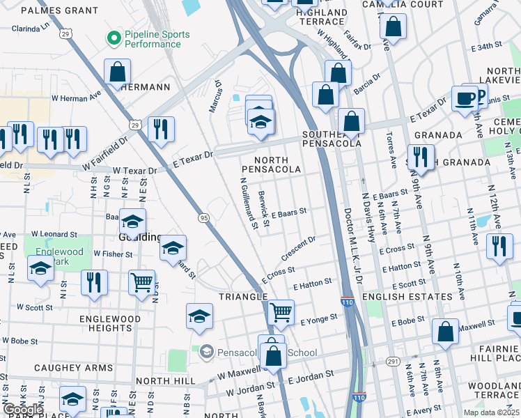 map of restaurants, bars, coffee shops, grocery stores, and more near 3007 Berwick Street in Pensacola