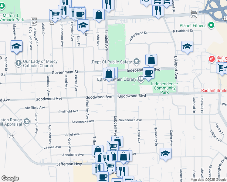 map of restaurants, bars, coffee shops, grocery stores, and more near 7413 Elderflower Alley South in Baton Rouge