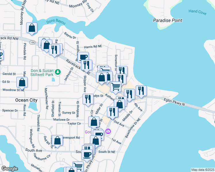 map of restaurants, bars, coffee shops, grocery stores, and more near 419 Racetrack Road Northeast in Fort Walton Beach