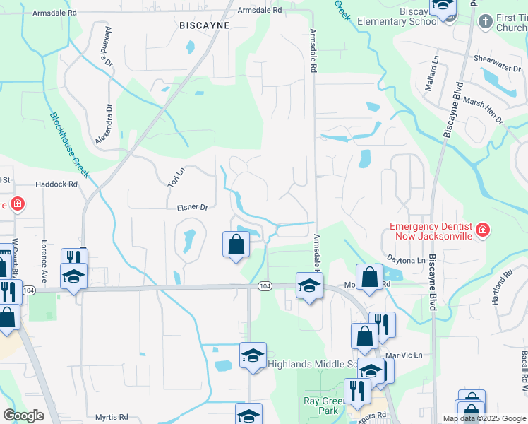 map of restaurants, bars, coffee shops, grocery stores, and more near 11349 Blossom Ridge Drive in Jacksonville
