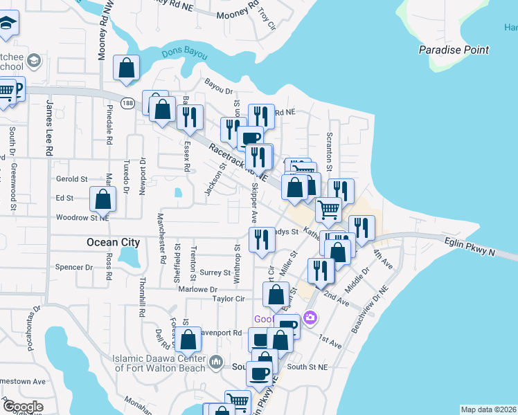 map of restaurants, bars, coffee shops, grocery stores, and more near 98 Katherine Street in Fort Walton Beach