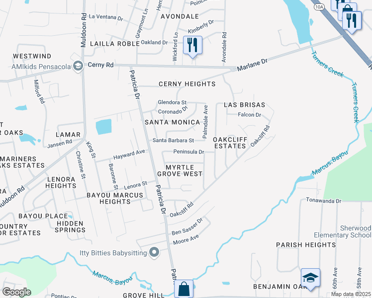 map of restaurants, bars, coffee shops, grocery stores, and more near 7150 Peninsula Drive in Pensacola
