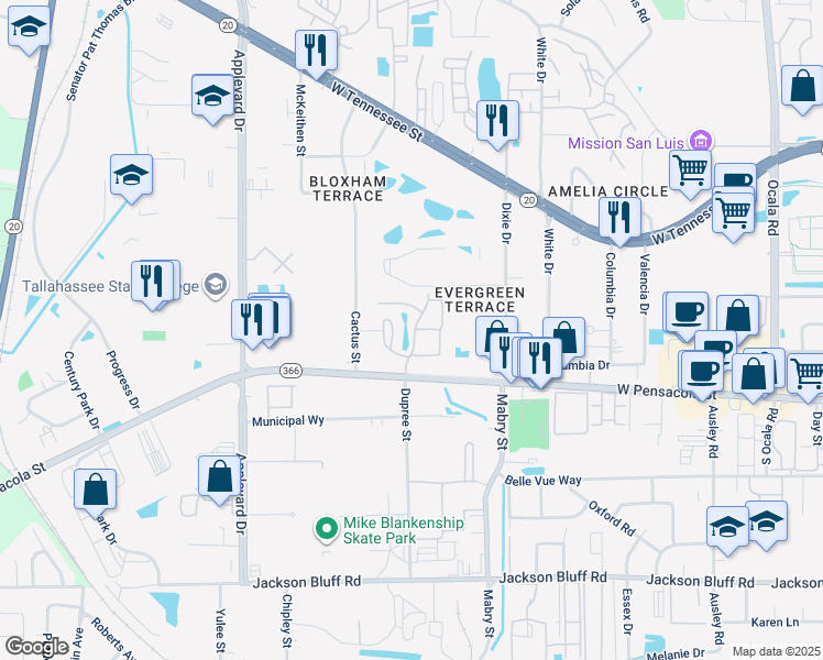 map of restaurants, bars, coffee shops, grocery stores, and more near 2700 West Pensacola Street in Tallahassee