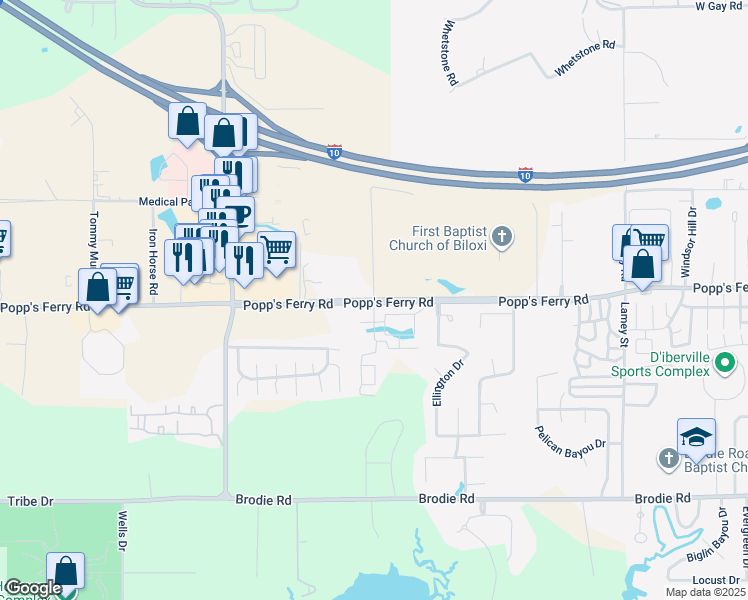map of restaurants, bars, coffee shops, grocery stores, and more near 900 Motsie Road in Biloxi