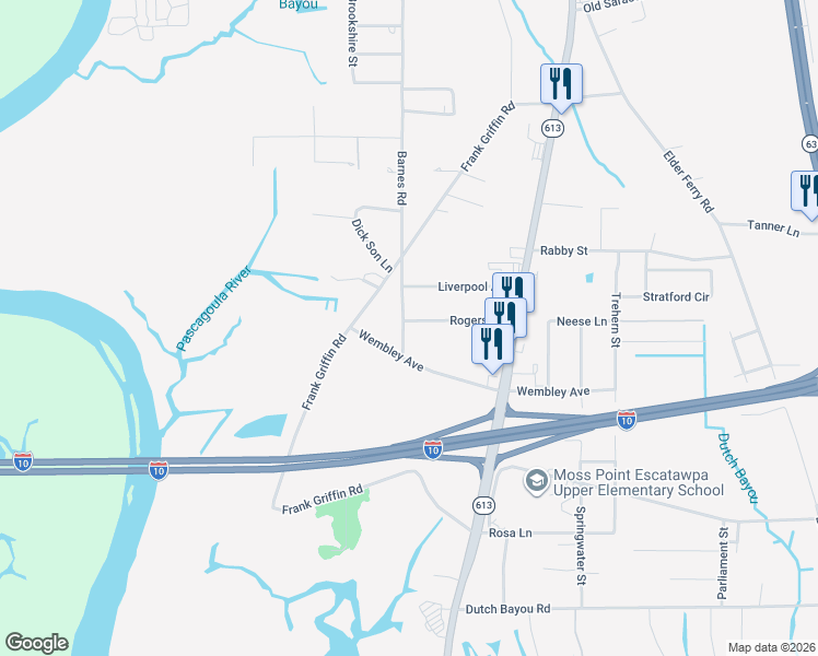 map of restaurants, bars, coffee shops, grocery stores, and more near 6917 Barnes Road in Moss Point