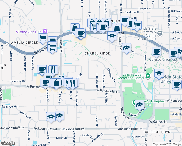 map of restaurants, bars, coffee shops, grocery stores, and more near 1836 Westminster Drive in Tallahassee