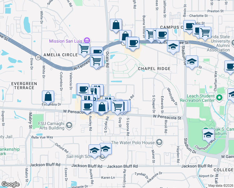 map of restaurants, bars, coffee shops, grocery stores, and more near 2004 Crabapple Drive in Tallahassee