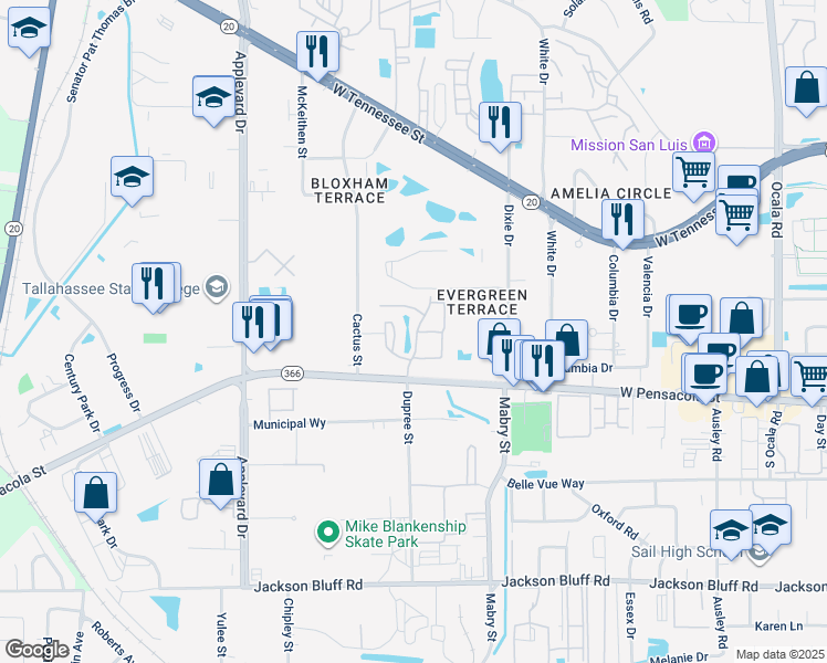 map of restaurants, bars, coffee shops, grocery stores, and more near 150 Flamingo Way in Tallahassee