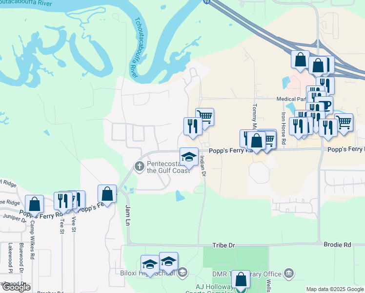 map of restaurants, bars, coffee shops, grocery stores, and more near 1863-1867 Popps Ferry Rd in Biloxi