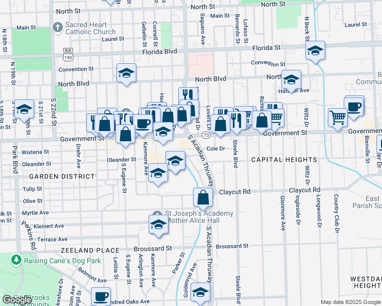 map of restaurants, bars, coffee shops, grocery stores, and more near 608D Carol Marie Drive in Baton Rouge