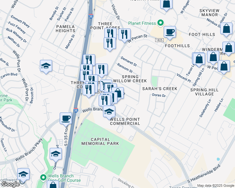 map of restaurants, bars, coffee shops, grocery stores, and more near 1405 Barbergale Street in Pflugerville