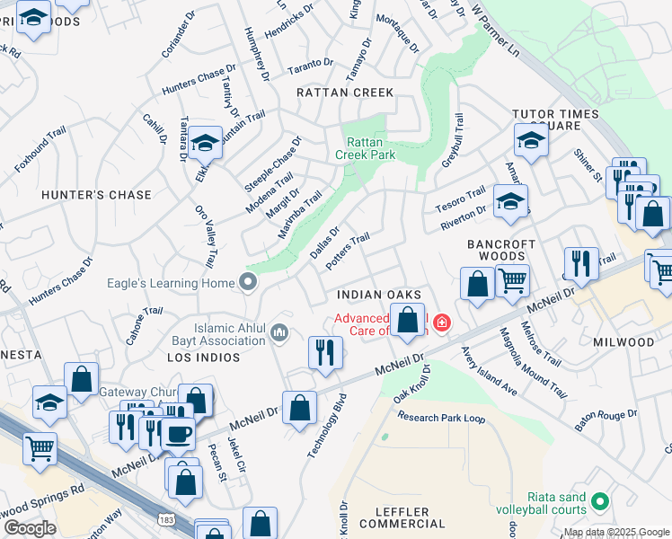 map of restaurants, bars, coffee shops, grocery stores, and more near 7208 North Ute Trail in Austin