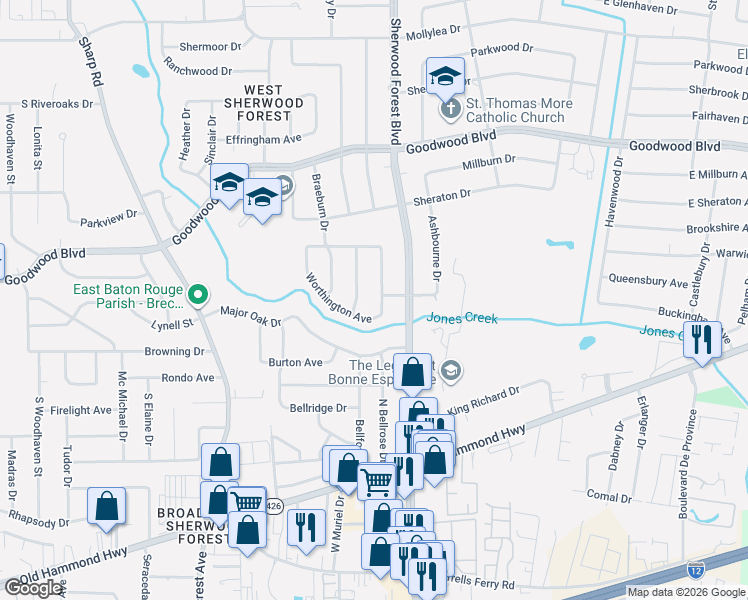 map of restaurants, bars, coffee shops, grocery stores, and more near 1494 Wellington Drive in Baton Rouge
