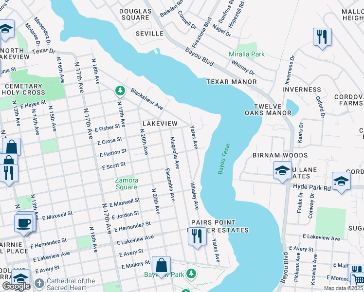 map of restaurants, bars, coffee shops, grocery stores, and more near 2521 Whaley Avenue in Pensacola