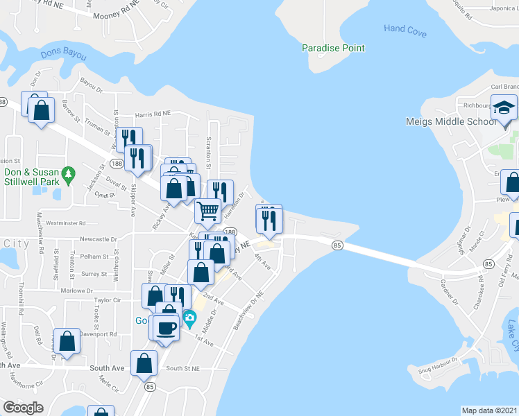 map of restaurants, bars, coffee shops, grocery stores, and more near 441 Waterway Lane in Fort Walton Beach