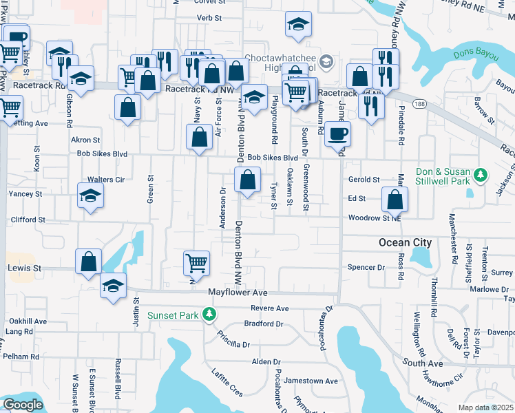 map of restaurants, bars, coffee shops, grocery stores, and more near 675 Denton Boulevard Northwest in Fort Walton Beach