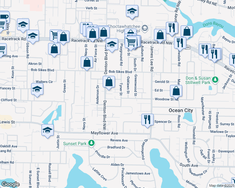 map of restaurants, bars, coffee shops, grocery stores, and more near 696 Tyner Street in Fort Walton Beach
