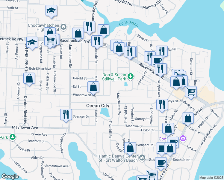 map of restaurants, bars, coffee shops, grocery stores, and more near 711 Newport Drive in Fort Walton Beach