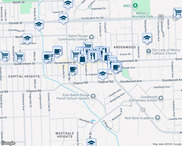 map of restaurants, bars, coffee shops, grocery stores, and more near 5406 Capital Heights Avenue in Baton Rouge