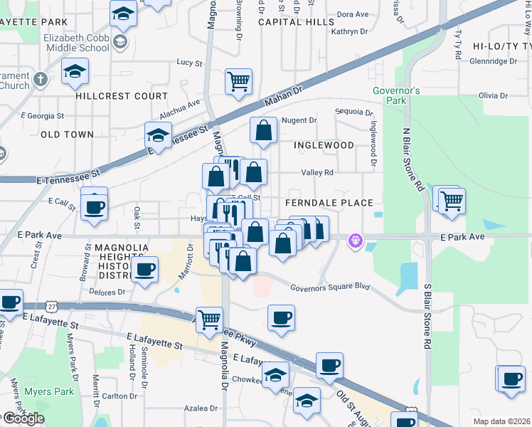 map of restaurants, bars, coffee shops, grocery stores, and more near 1406 Hays Street in Tallahassee